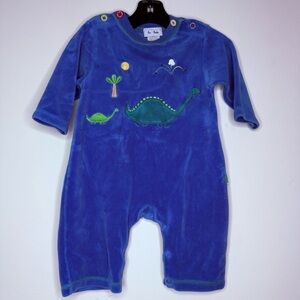 VTG LE TOP Blue Velour Dinosaur Embroidery Cute Button Flap Longsleeve Bodysuit
